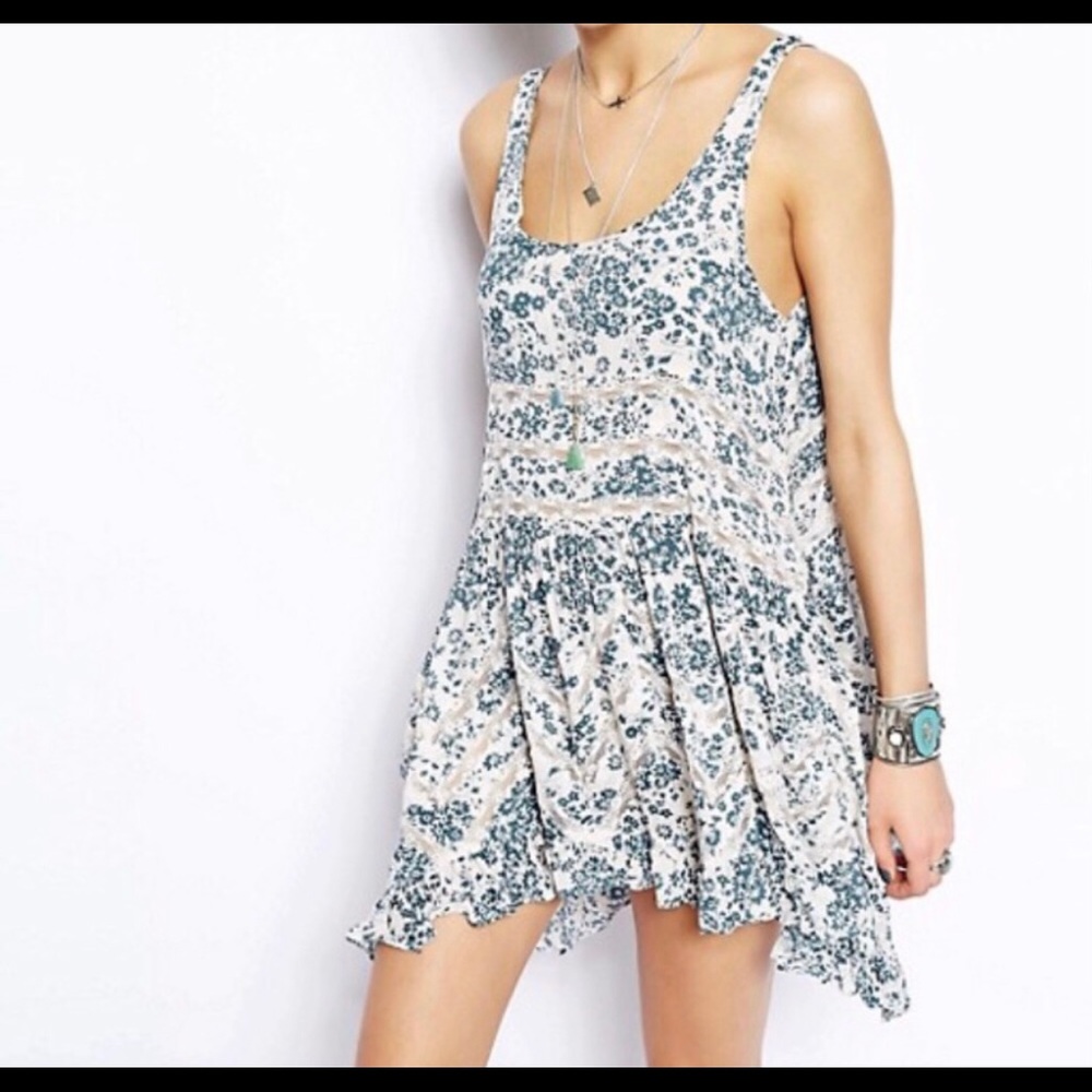 Free People Voile & Lace Trapeze Floral Blue/White Slip Dress